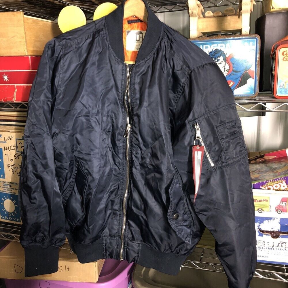 Vintage Denim House Mens Classic Navy‎ Bomber Jacket Size M Chrome Steel Zippers